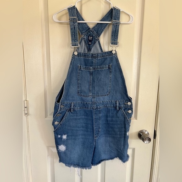 GAP Pants - GAP Denim Distressed Shortalls Women’s L Blue Jean Overalls Frayed Hem